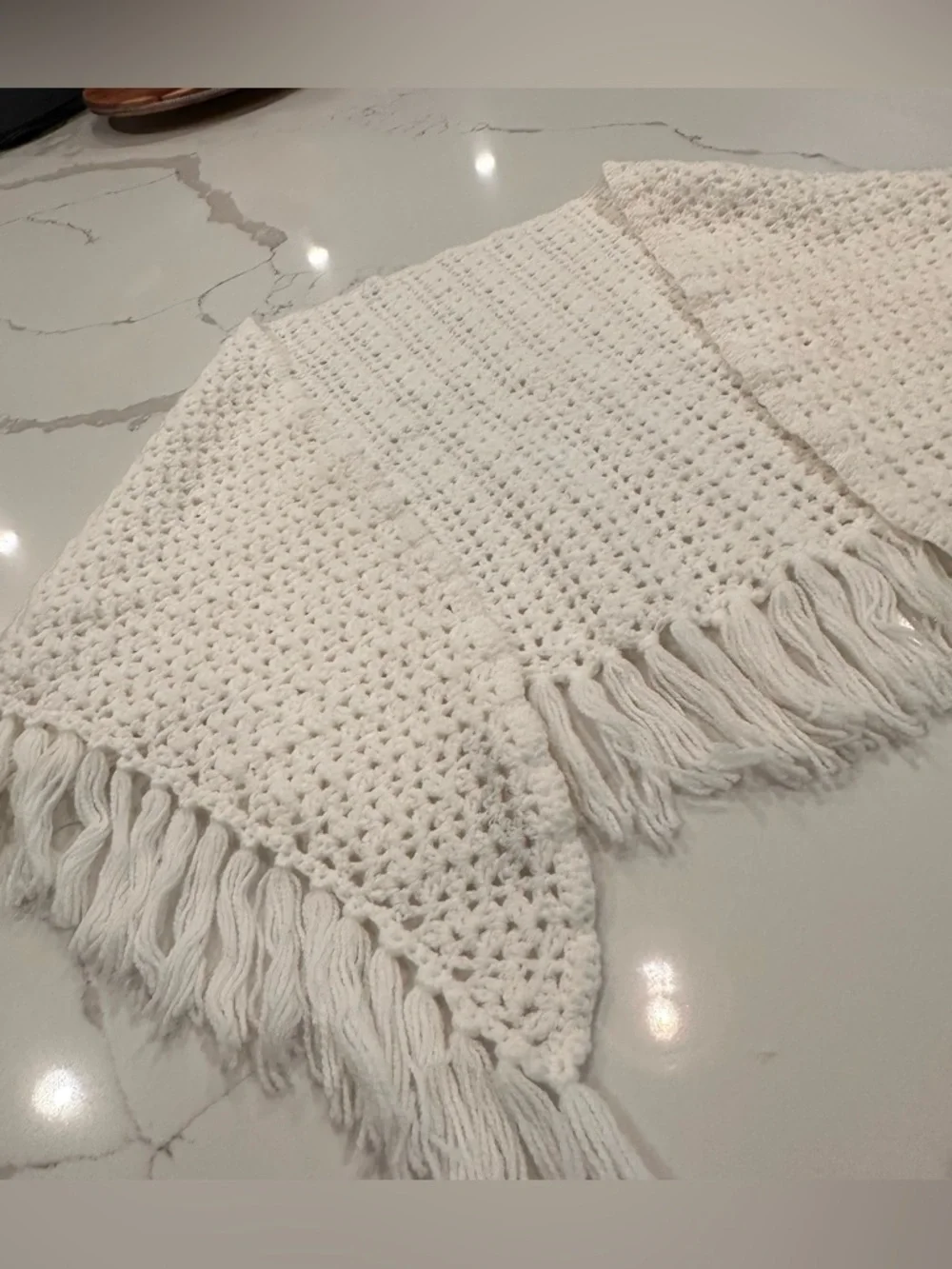 Handmade White Crochet Shawl Wrap With Tassels One Size Granny Cottage Boho